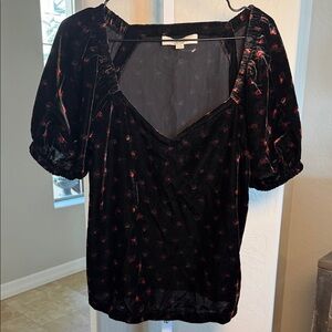 LOFT Black Velvet with small red roses and capped sleeves. NWOT